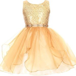 Big Girls Junior Girls Sparkling Sequin Organza Short Flower Girls Dresses Gold
